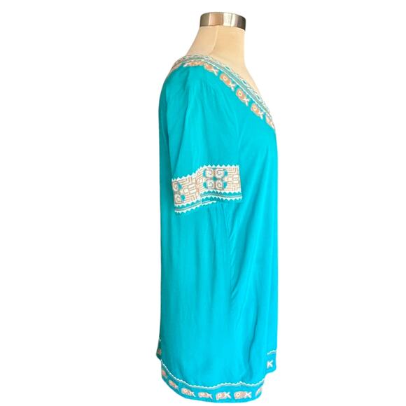 Mur Mur Aqua Tunic Embroidered Aztec Boho Sz MED Short Sleeves Casual Relaxed - Picture 5 of 8
